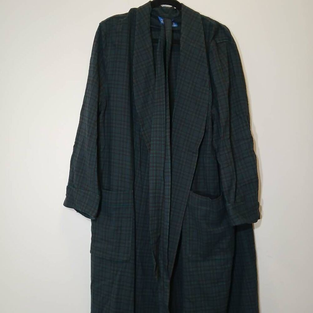 Vintage pendleton mens large long wool robe tartan plaid teal dark green